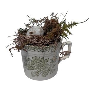 Vintage Green Transferware Mug With Birds’s Nest & Egg Cottagecore Shabby Chic